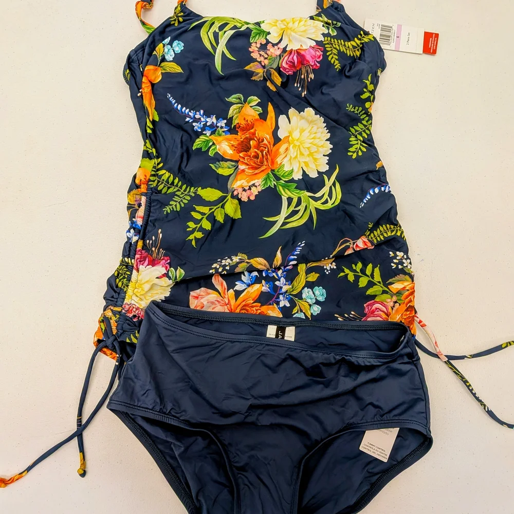 Jantzen Navy Floral Ruched Two-Piece Tankini NWT - Picture 6 of 8